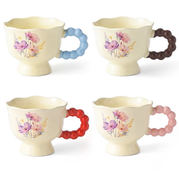 Set of 4 Ceramic Coffee Mugs with Flower Handle - 10-13.5oz Porcelain Tea Cups Lily of Valley, Dishwasher & Microwave Safe, Unique Gift Idea