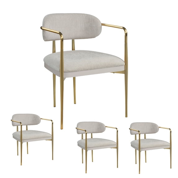 Set of 4 Chenille & Gold Arm Chair, Upholstered Dining Chairs, High Back Kitchen Chairs for Kitchen Living Room (Beige)