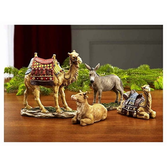 THREE KINGS GIFTS Nativity Animals Set, 4-Piece Polystone Standing and Sitting Camels, Donkey, and Ox Figures, Flat Bottom Base Collectibles for 10-Inch Scale Nativity Scene