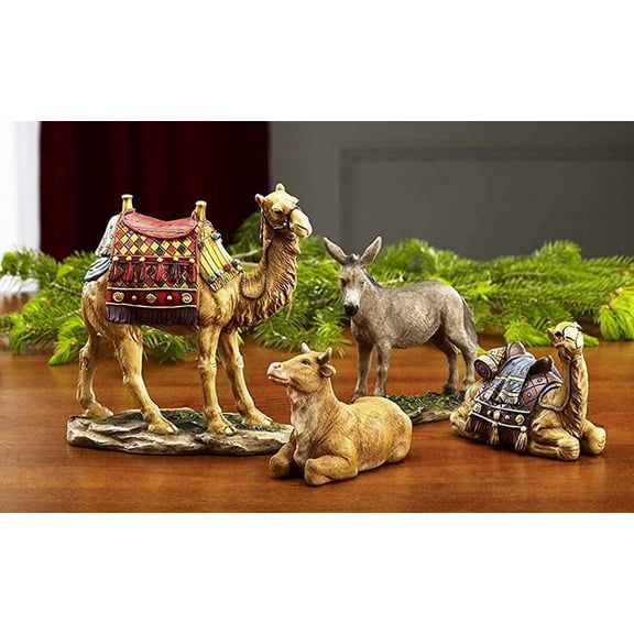 THREE KINGS GIFTS Nativity Animals Set, 4-Piece Polystone Standing and Sitting Camels, Donkey, and Ox Figures, Flat Bottom Base Collectibles for 7-Inch Scale Nativity Scene