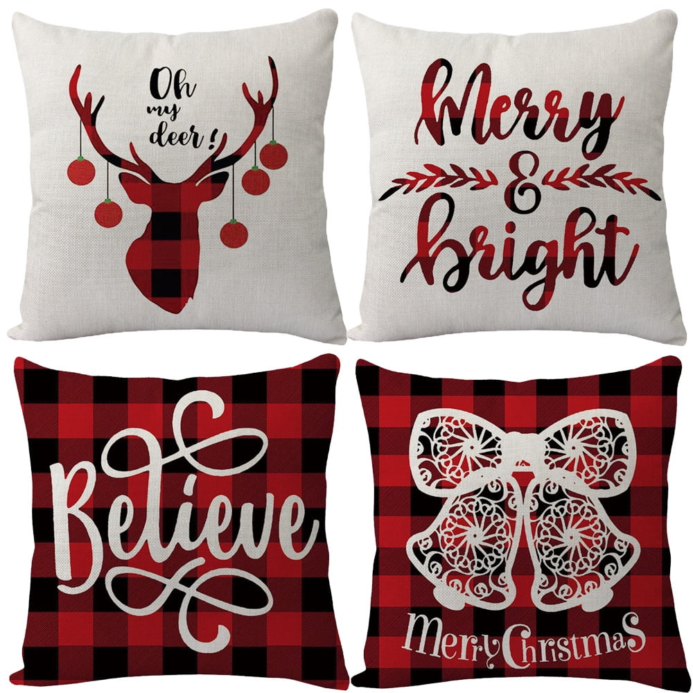 Festive Red and Black Buffalo Plaid Christmas Pillow Covers Set of 4