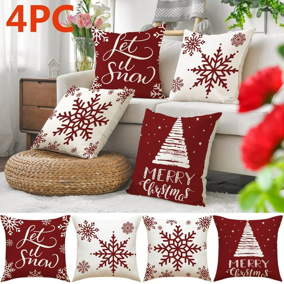 Set of 4 Christmas Throw Pillow Covers - 18x18 Inch Square, Beige Let It Snow & Snowflakes Red Prints, Cotton Linen, for Sofa, Bed, Couch Home Decor