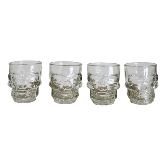 Set of 4 Clear Glass Gothic Skeleton Skull Face Liquor Shot Glasses Shooters