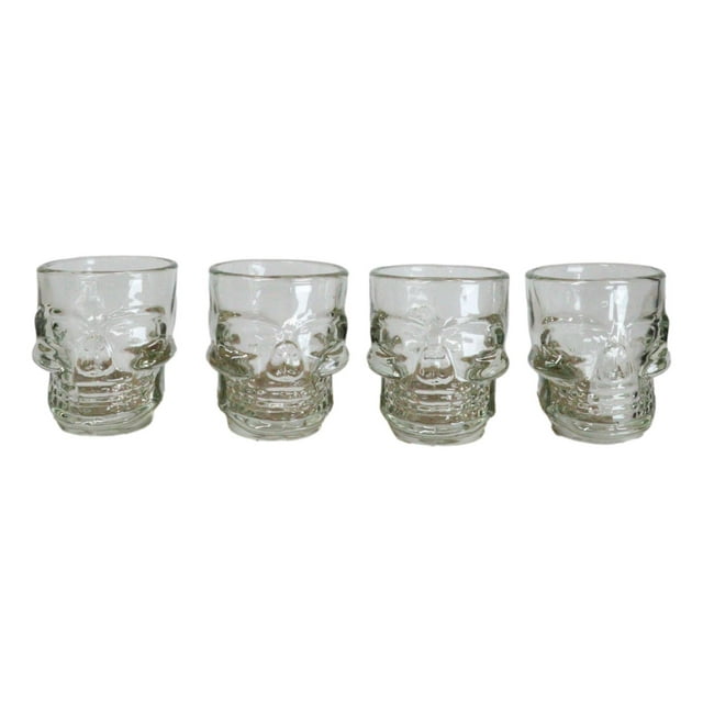 Set of 4 Clear Glass Gothic Skeleton Skull Face Liquor Shot Glasses Shooters