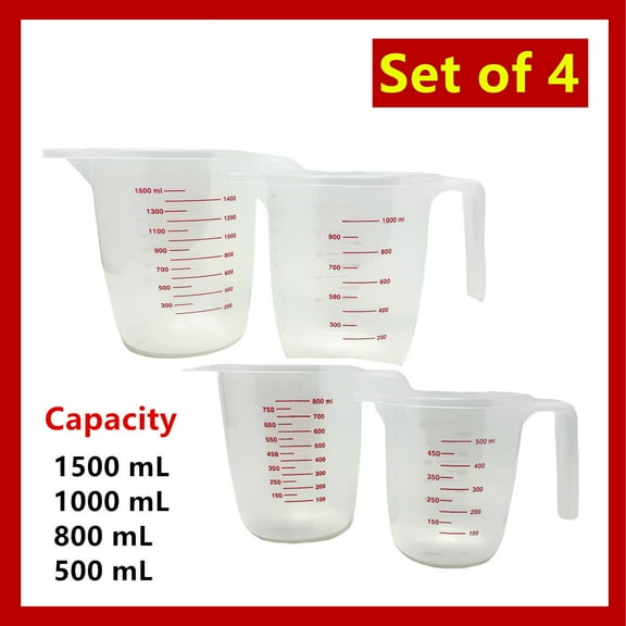 Set of 4 Clear Plastic Measuring Cups, 1500mL, 1000mL, 800mL, 500mL Capacity, Clear