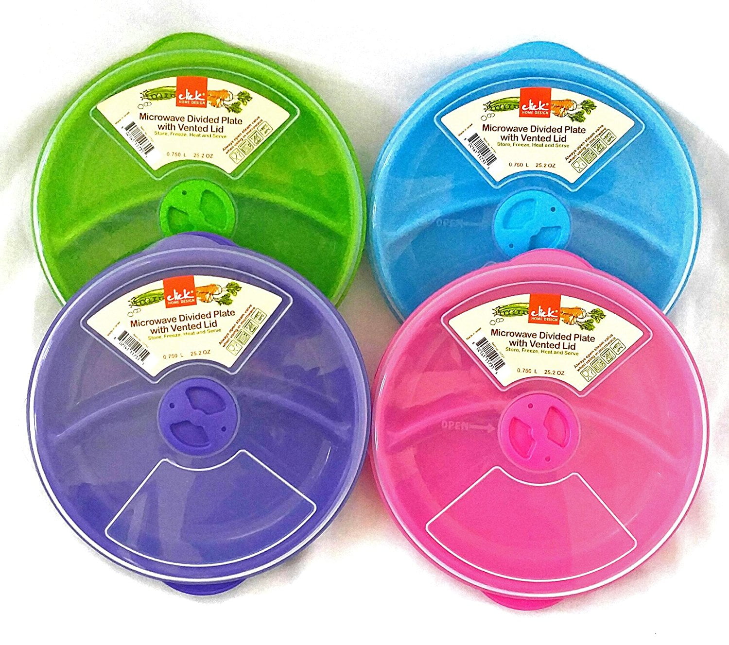 Set of 4 Click Home Design Microwave Divided Plate with Vented Lid (4