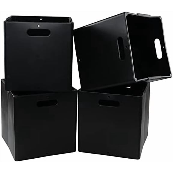 Set of 4 Collapsible Plastic Storage Cubes Organizer with Handles, Foldable Cube Storage Baskets, Black, F$$Home Decor, Kitchen, & Other