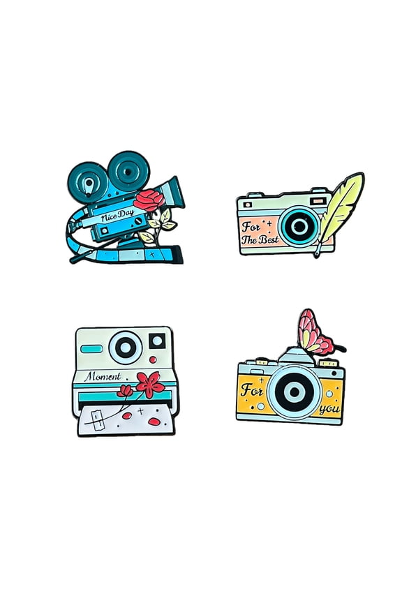Set of 4 Colorful Cartoon Camera Pins - Vintage Polaroid, Film Camera, SLR & DSLR Enamel Badges for Bags, Jackets & More