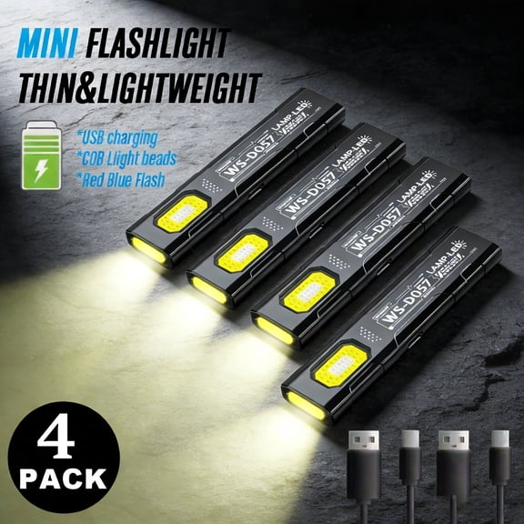 Set of 4 Compact Flashlights Featuring a Pen Clip, USB Rechargeable COB Work Light, Hat Clip Light, Torch with a Tail Magnet