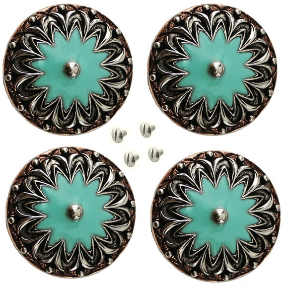Set of 4 Conchos Western Saddle Tack 1-1/4" Copper Flower Engraved Turquoise Co555