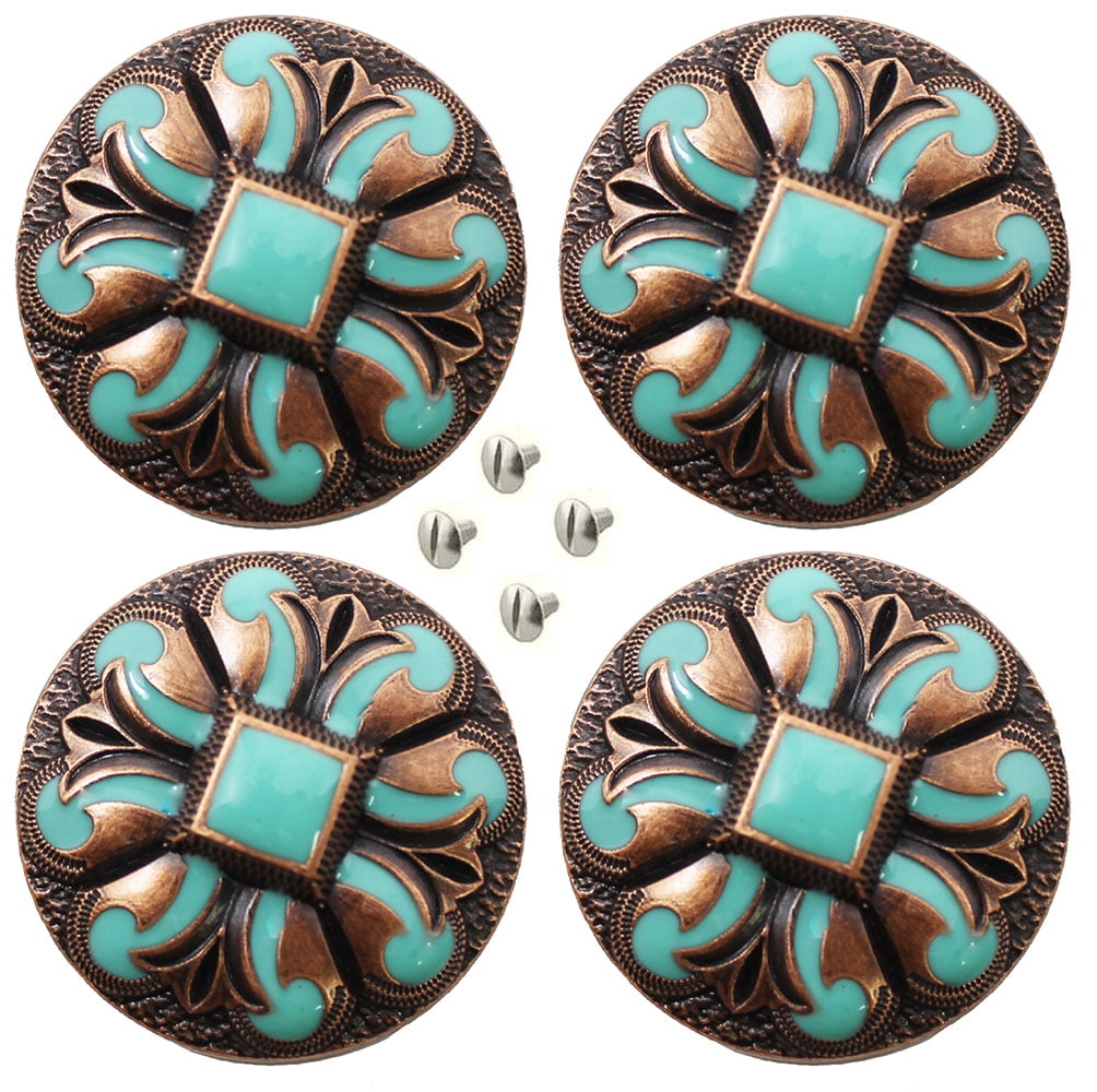 Lot De 4 Conchos Western Tack 32 Mm – Cuivre Gravé Avec Turquoise – Dos à Vis – Challenger CO568