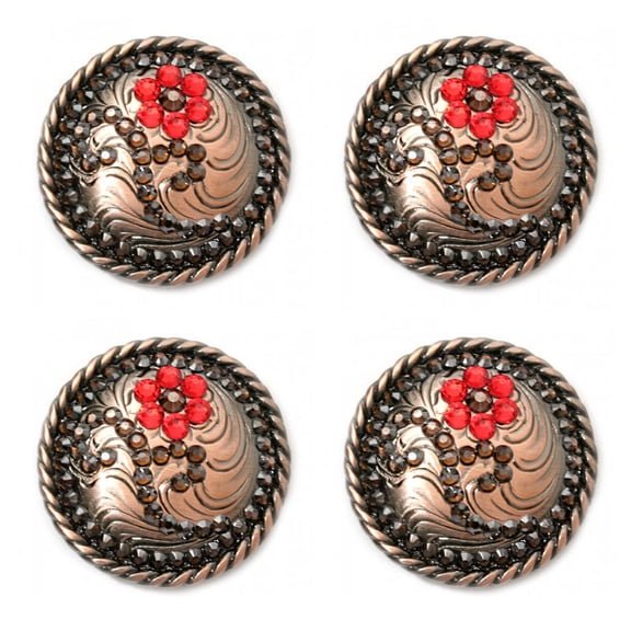 Set of 4 Copper Engraved Flower Rhinestone 1-1/2" Wide Saddle Tack Conchos CO128B