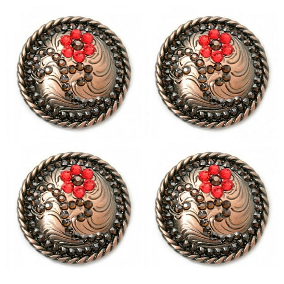 Set of 4 Copper Engraved Flower Rhinestone 1-1/4" Wide Saddle Tack Conchos CO128