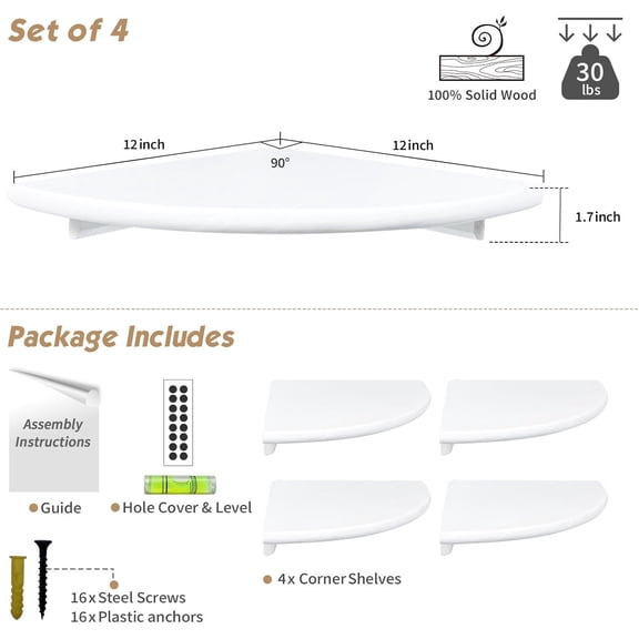 Set of 4 Corner Floating Bookshelves, White Wood Wall Shelves for Kids Bedroom, Living Room, Bathroom, Modern Round Shelves for Indoor Decor