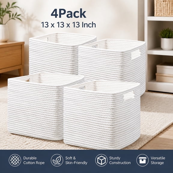 Set of 4 Cotton Rope Baskets 13 x 13 x 13 Inches, Woven Storage Bins with Handles for Shelves, Organizing Books and Magazines, White