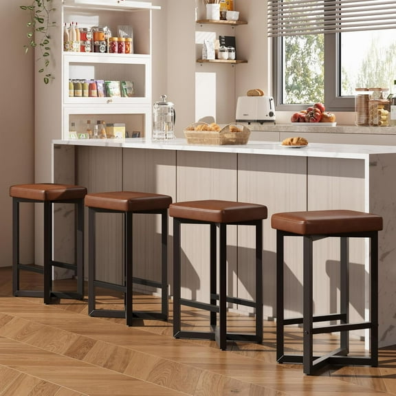 Set of 4 Counter Height 25 Inch Backless Bar Stool Set PU Leather Upholstered Seats Metal X Frame Footrest Modern Kitchen Dining Room Stools Brown