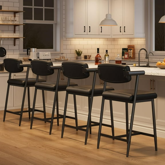 Set of 4 Counter Height Bar Stools with Arms – Upholstered Comfortable Wide Seats with Back, Metal Kitchen Island Stools, Easy Assembly