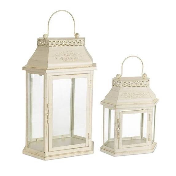 Set of 4 Cream White and Clear Candle Lanterns with Handle 17"