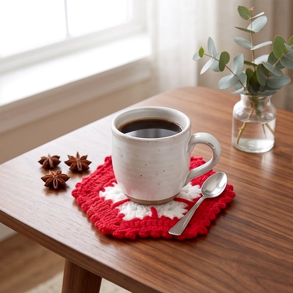 Set of 4 Crochet Christmas Coasters, Handmade Snowflake Santa Hat Cotton Drink Mats, Winter Holiday Table Decor for Home