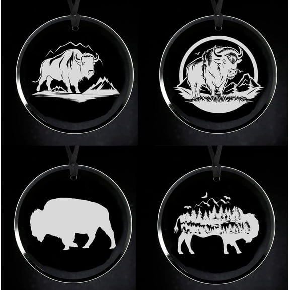 Set of 4 Crystal Glass Circle Ornament Keepsake Gift Buffalo Bison Collection