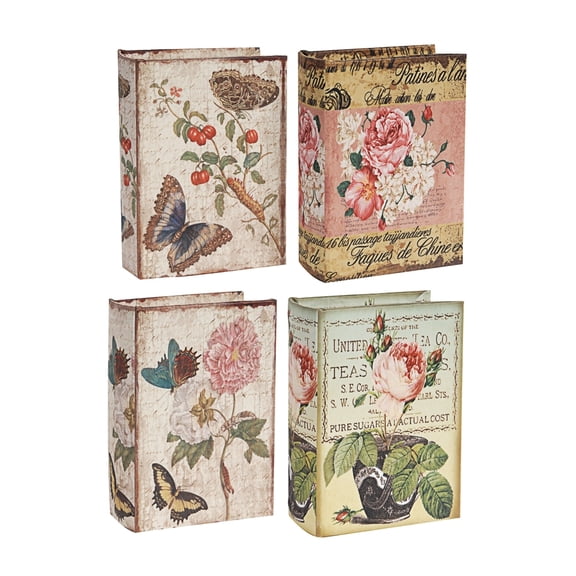Set of 4 Decorative Faux Book Storage Boxes 5.53.91.8 Inch MDF Silk Fabric Floral Butterfly Print Hidden Keepsake Storage Book Boxes