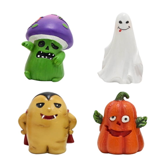 Set of 4 Decorative Figurines, Whimsical Ghost and Pumpkin Resin Figures, Cute Spooky Monster Statues, Ornament Set for Halloween Home Tabletop Decor