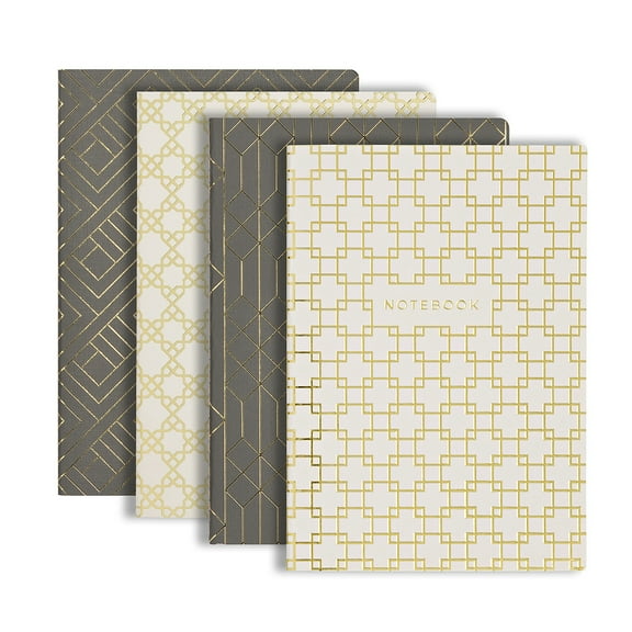 Set of 4 Decorative Notebooks - Dark Grey and Cream with Gold Foil