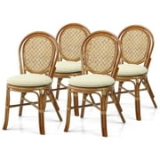 Set of 4 Denver Dining Handmade Wicker Side Chairs with Cream Cushions Natural Rattan, Colonial Color