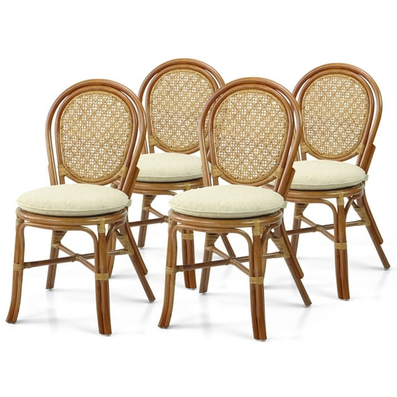 Set of 4 Denver Dining Handmade Wicker Side Chairs with Cream Cushions Natural Rattan, Colonial Color