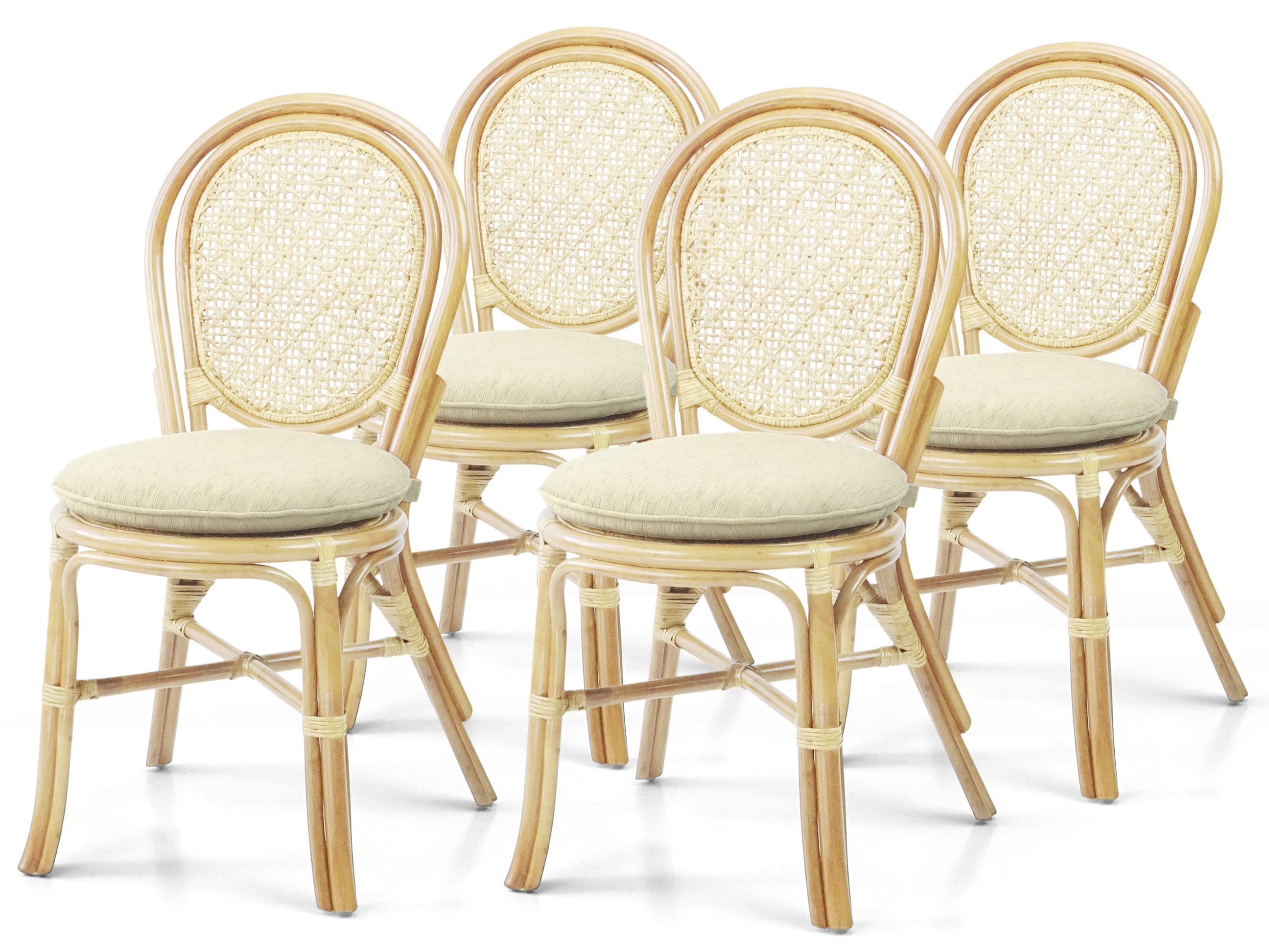 Natural Rattan and Cane Dining Side Chair Set with Cream Cushions