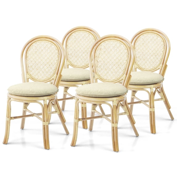 Set of 4 Denver Dining Handmade Wicker Side Chairs with Cream Cushions Natural Rattan, Natural Color