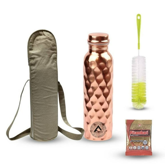 Set of 4 Diamond Pure Copper Water Bottle 950 ml, Cleaning Brush, Cotton Carry Bag Pitambari For Ayurveda Health Benefits