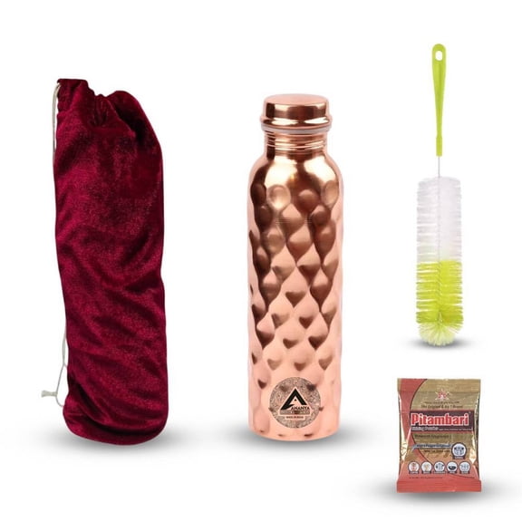 Set of 4 Diamond Pure Copper Water Bottle 950 ml, Cleaning Brush, Velvet Carry Bag Pitambari For Ayurveda Health Benefits
