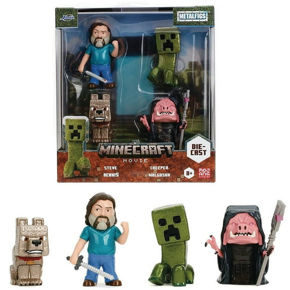Minecraft Movie Metalfig 4-Pack Figures Steve, Wolf, Creeper, Malgohsa 2.5" Diecast Collectible Set for Kids and Fans Durable Metal Build