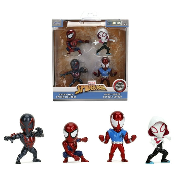 Marvel Spider-Man Metalfigs 4-Pack 2.5 Die-Cast Figures by Jada Toys Includes Spider-Man, Scarlet Spider, Ghost Spider & Spider-Man 2099 Collectible Figurines for Ages 8+