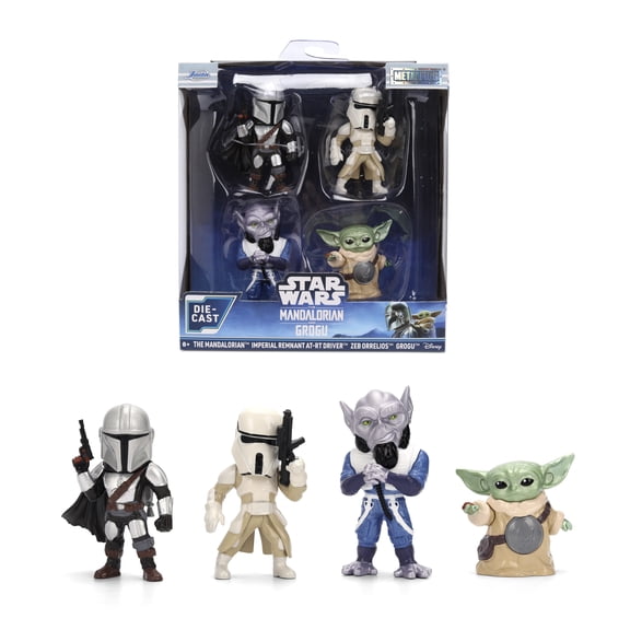 Star Wars Metalfigs 4-Pack Wave 2 The Mandalorian, Imperial Remnant AT-RT Driver, Zeb Orrelios, Grogu Die-Cast Figures 2.5 Scale Stylized Display Set by Jada Toys