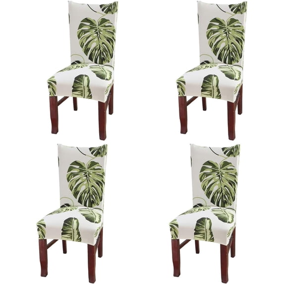 Set of 4 Dining Chair Covers, Stretch Spandex Dining Room Protector Slipcovers (Style 55, Green Leaves)