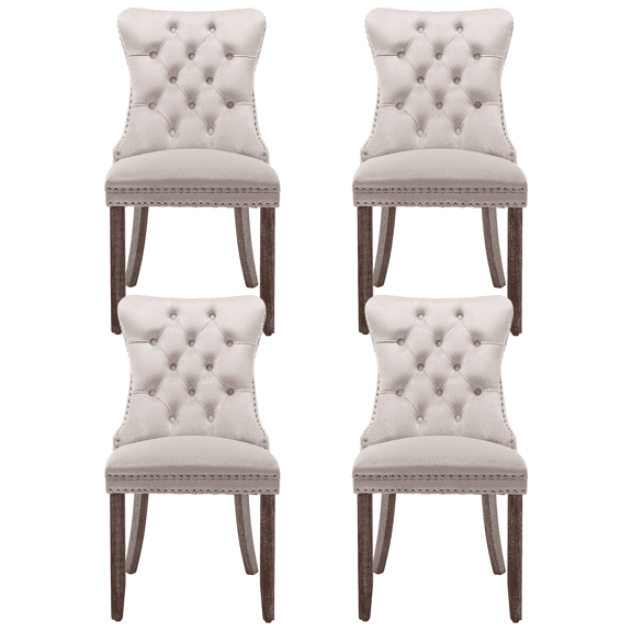 Set of 4 Dining Chairs Leisure Padded Chair, Tufted Solid Wood Velvet Upholstered Dining Chair with Nailhead Trim& Ring Pull for Kitchen, Living Room