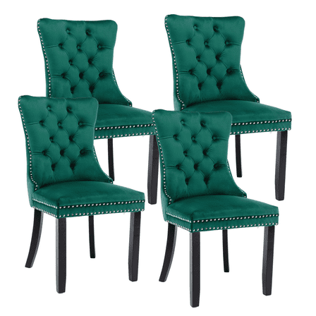 Set of 4 Dining Chairs Leisure Padded Chair, Tufted Solid Wood Velvet Upholstered Dining Chair with Nailhead Trim& Ring Pull for Kitchen, Living Room