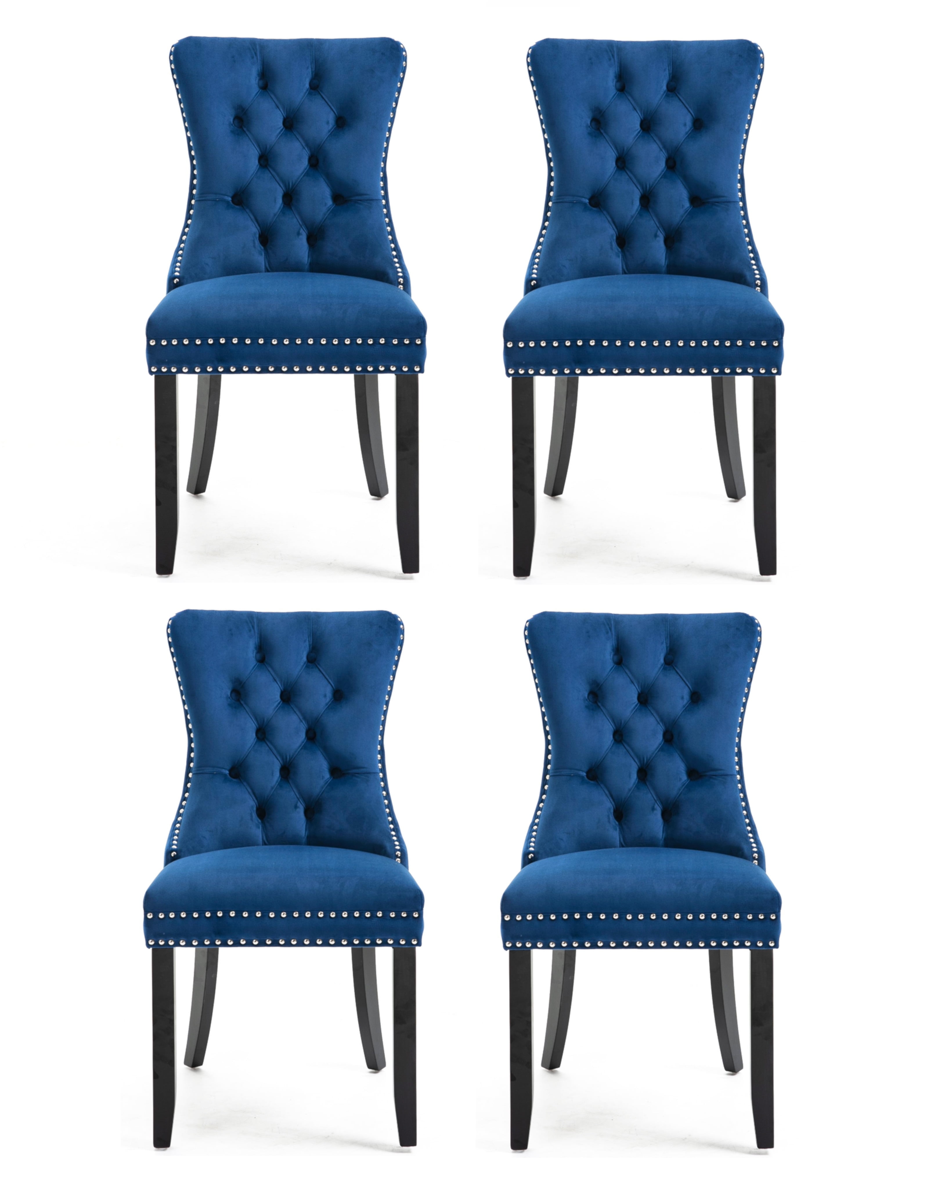 Set of 4 Blue Velvet Tufted Dining Chairs with Nailhead Trim