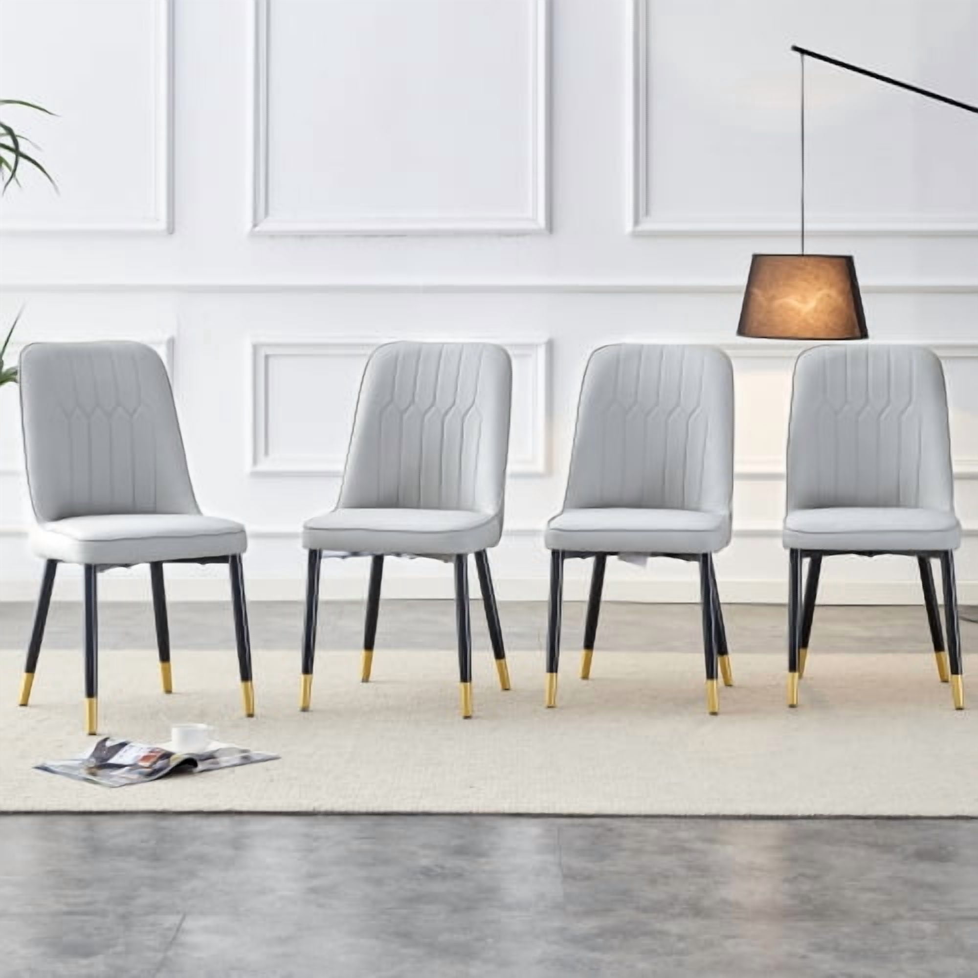 Set of 4 Dining Chairs, Modern Light Gray PU Leather Chairs with Black Metal Legs, Soft Padded Seat for Kitchen Bedroom Restaurant