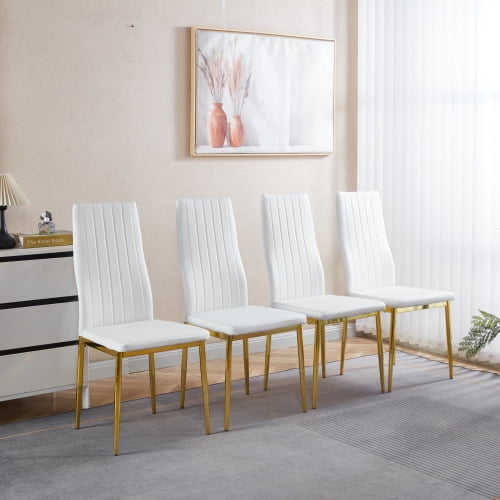 Set of 4 Dining Chairs, White Upholstered Seats with Golden Metal Legs, Modern Kitchen & Dining Room Chairs