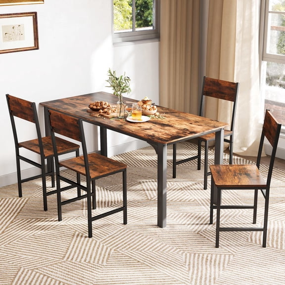 Set of 4 Dining Chairs with Metal Legs, Slanted Back, Rustic Brown