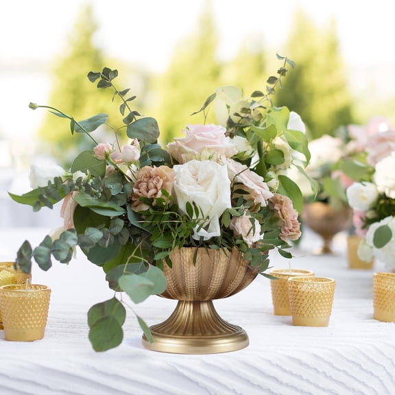 Set of 4 Distressed Gold Compote Pedestal Vases, 9 Inch Wide Antique Metal Bowl Centerpieces with Waterproof Liner for Home Decor