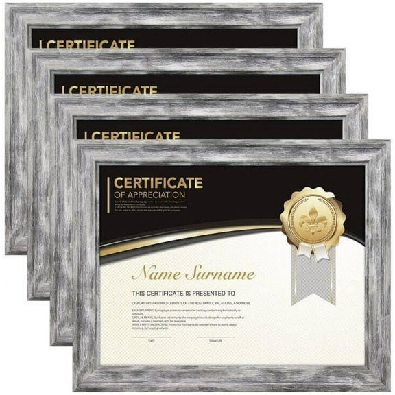 Set of 4 Document frames 8.5x11 Certificate Frames for Wall Or Tabletop , Wood and Glass, Gray