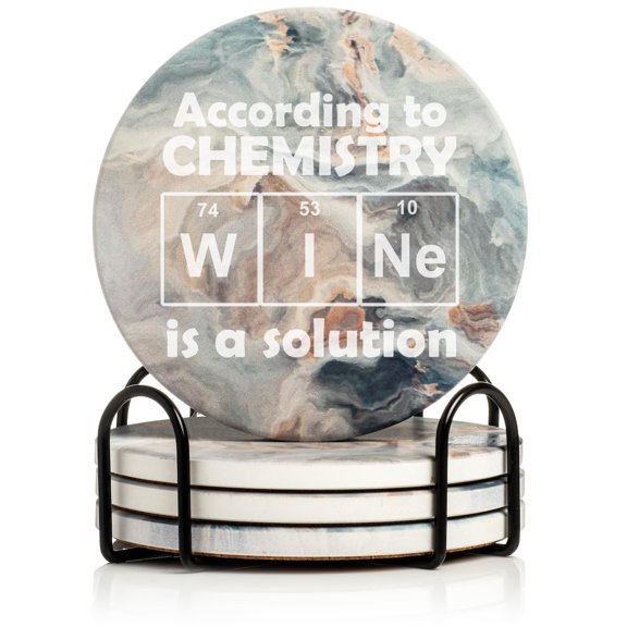 Set of 4 Drink Coasters with Holder Gift According to Chemistry Wine is A Solution Funny Geek Nerd (Absorbent Ceramic Marble)