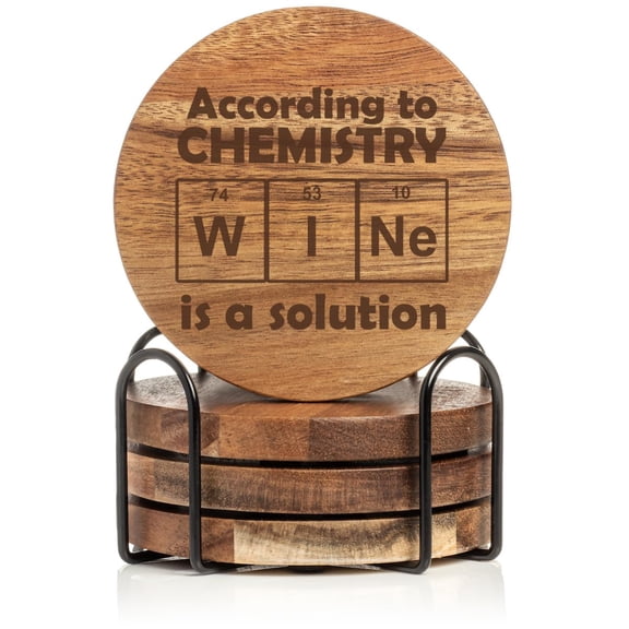 Set of 4 Drink Coasters with Holder Gift According to Chemistry Wine is A Solution Funny Geek Nerd (Acacia Wood)