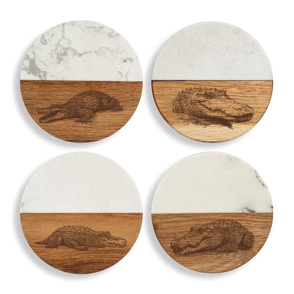 Set of 4 Drink Coasters with Holder Gift Alligator Collection (Acacia Wood & Marble)