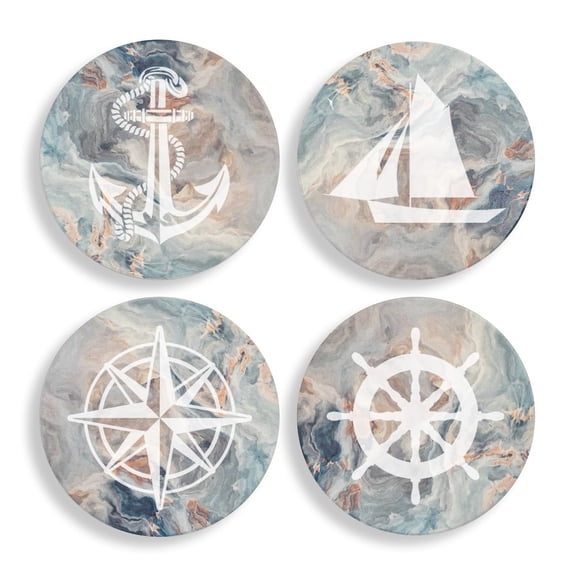 Set of 4 Drink Coasters with Holder Gift Anchor Boat Compass Nautical Collection (Absorbent Ceramic Marble)