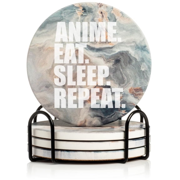 Set of 4 Drink Coasters with Holder Gift Anime Eat Sleep Repeat (Absorbent Ceramic Marble)